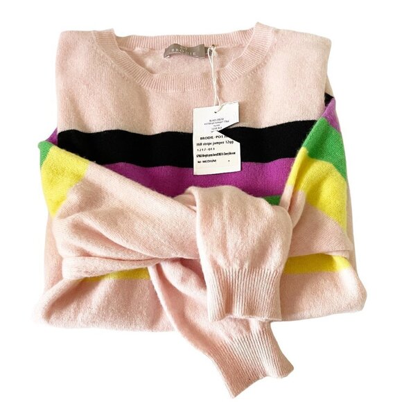 NWT Brodie Cashmere Hill Pink Rainbow Stripe Long Sleeve Pullover Crew Sweater M - Picture 3 of 10
